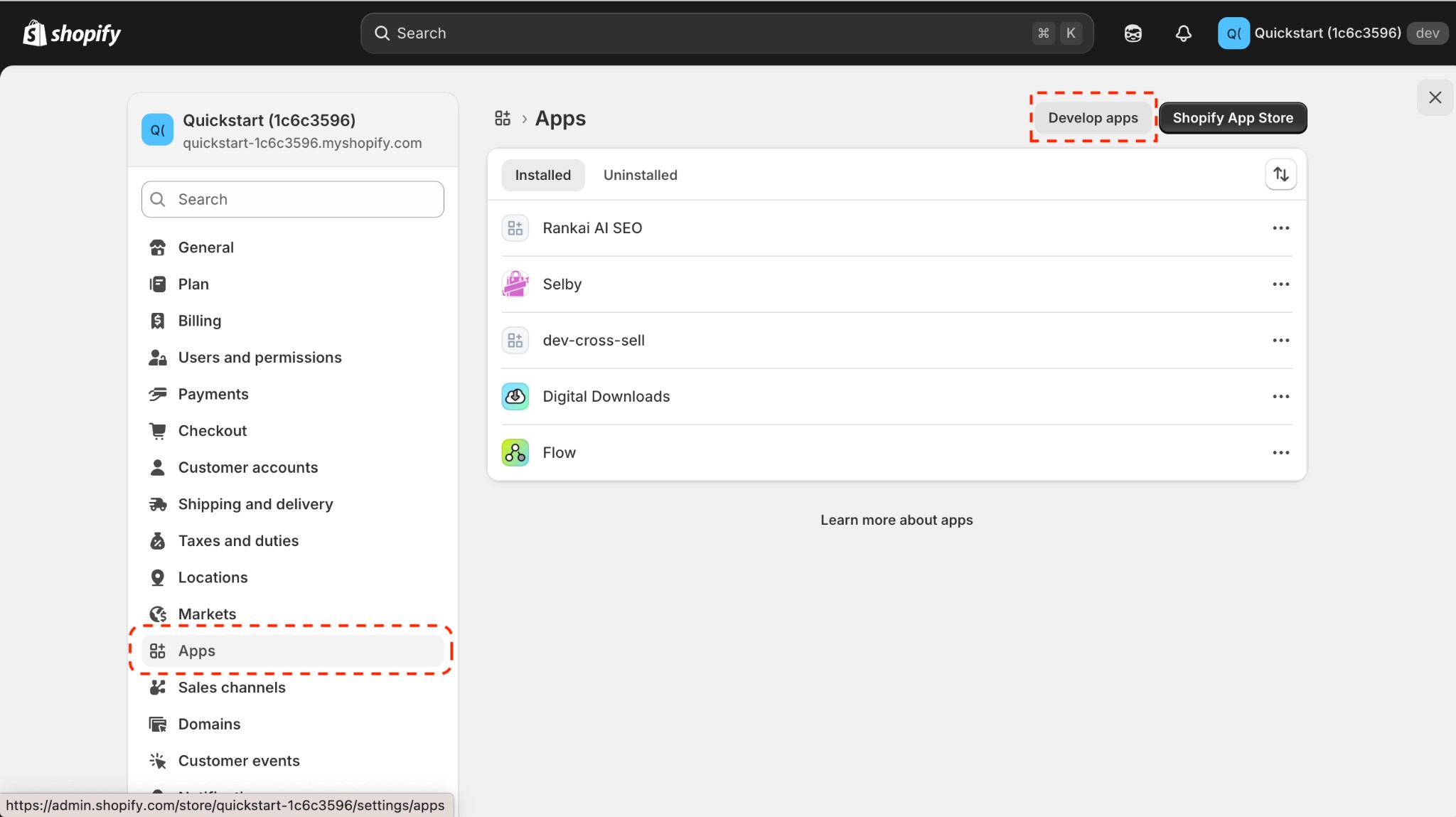 App development page with Create an app button