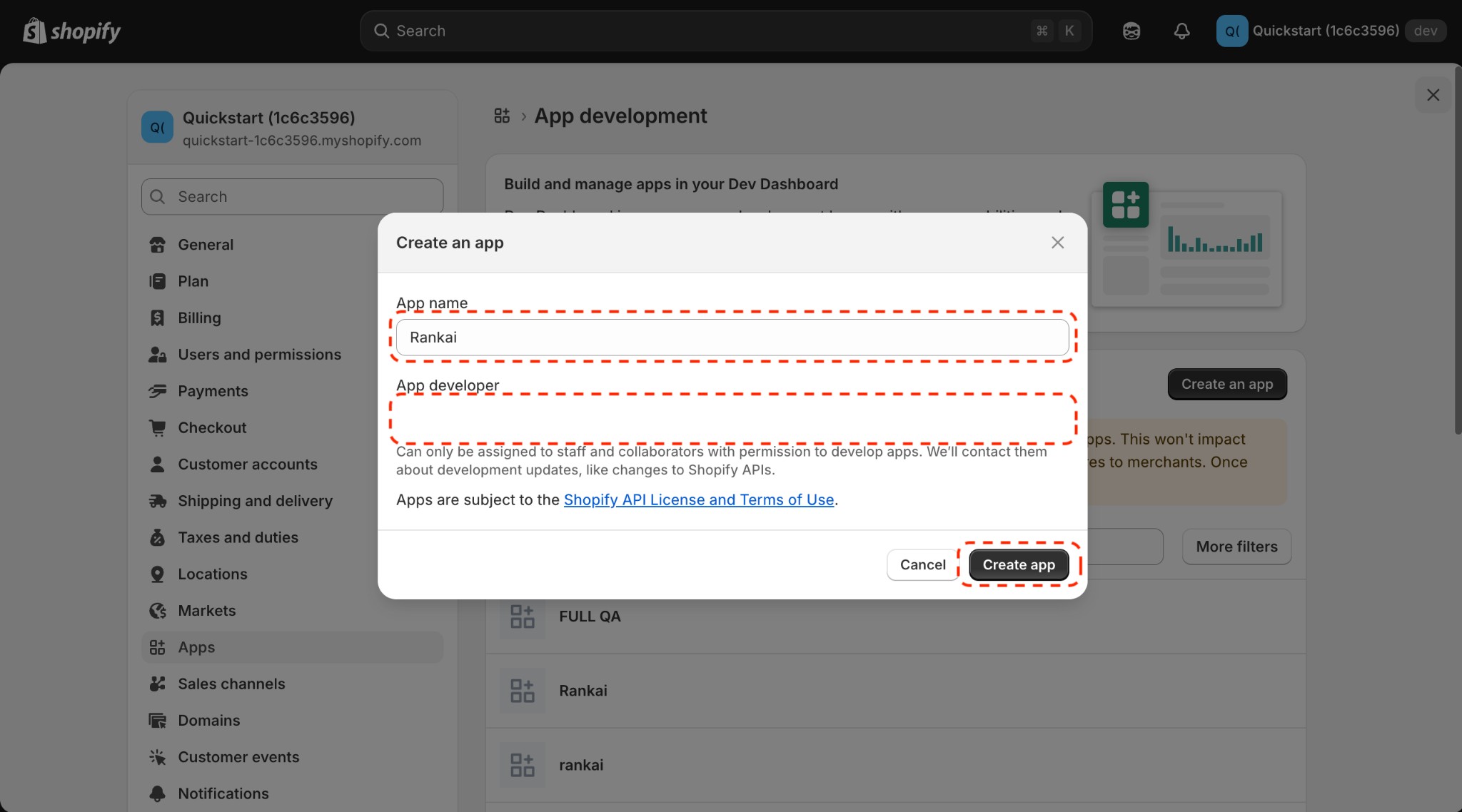 Create an app modal with App name field and Create app button