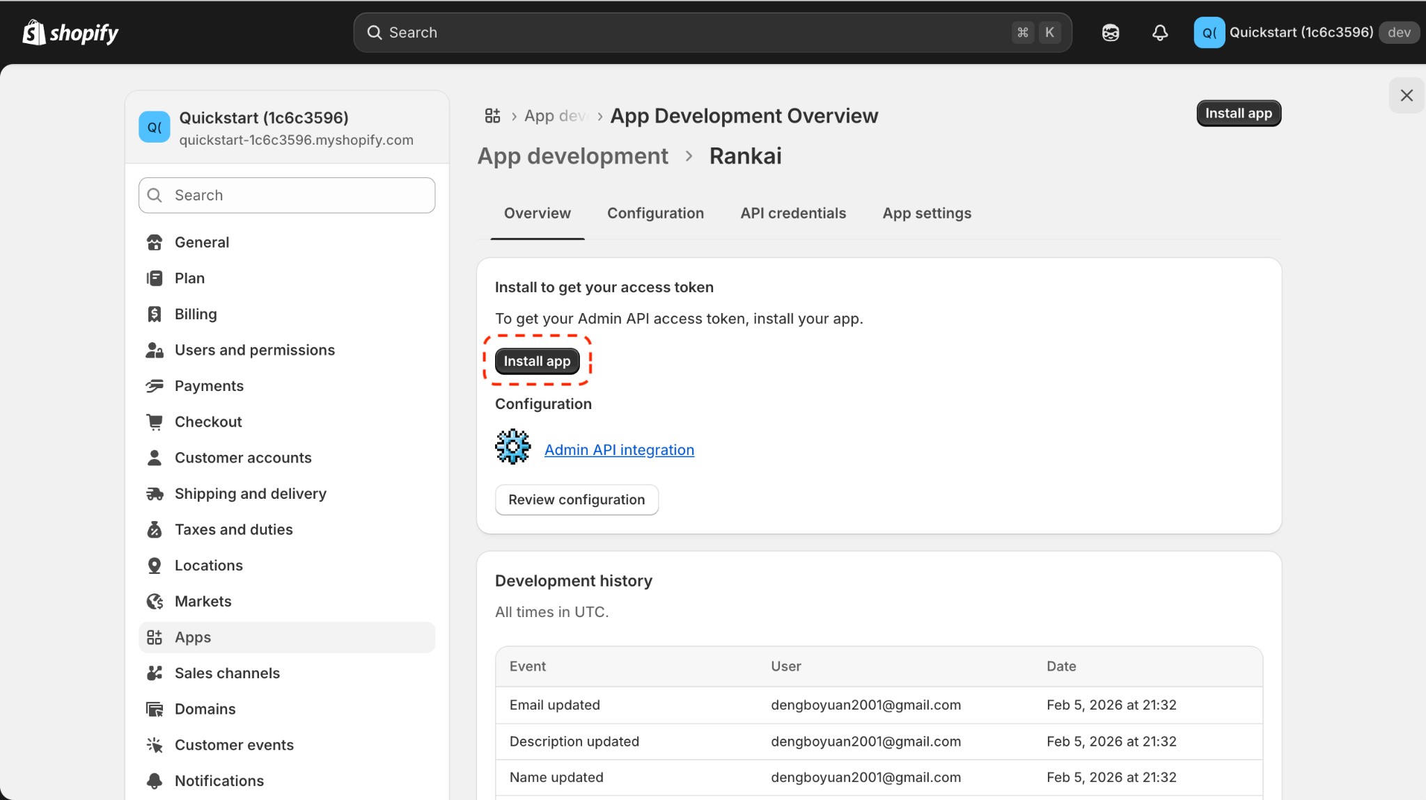 Install to get your access token section with Install app button