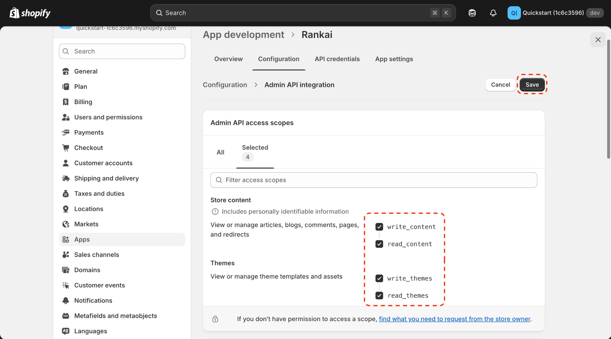 Configuration tab with read_content, write_content, read_themes, write_themes selected and Save button