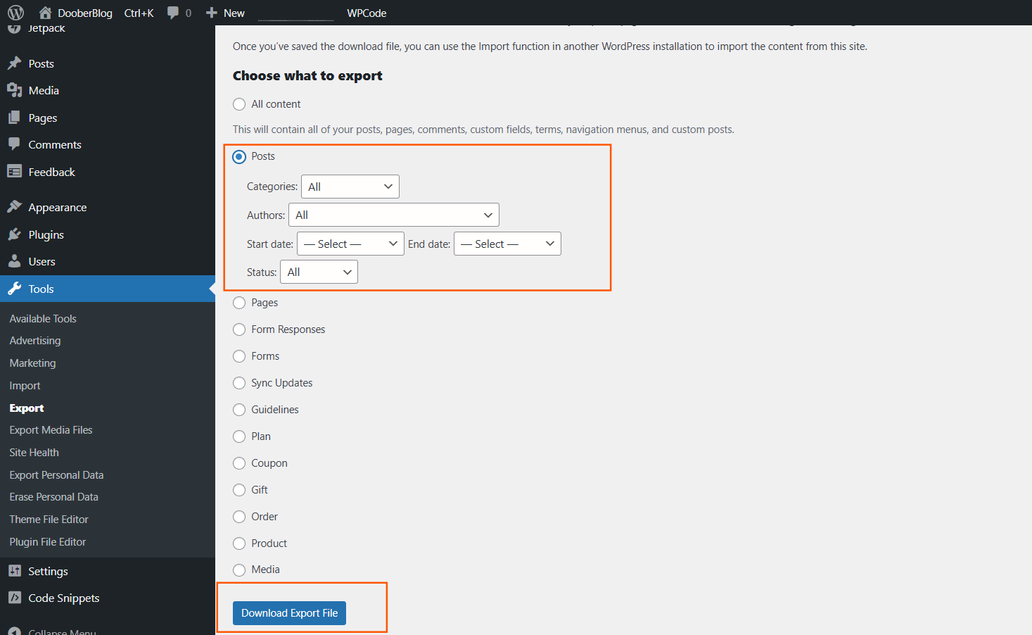 Export configuration