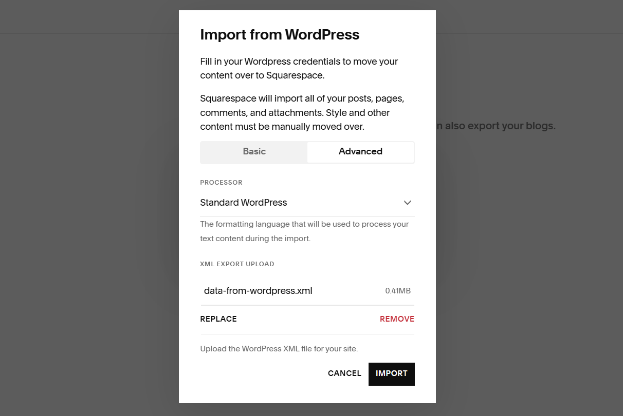 Import through WordPress advanced