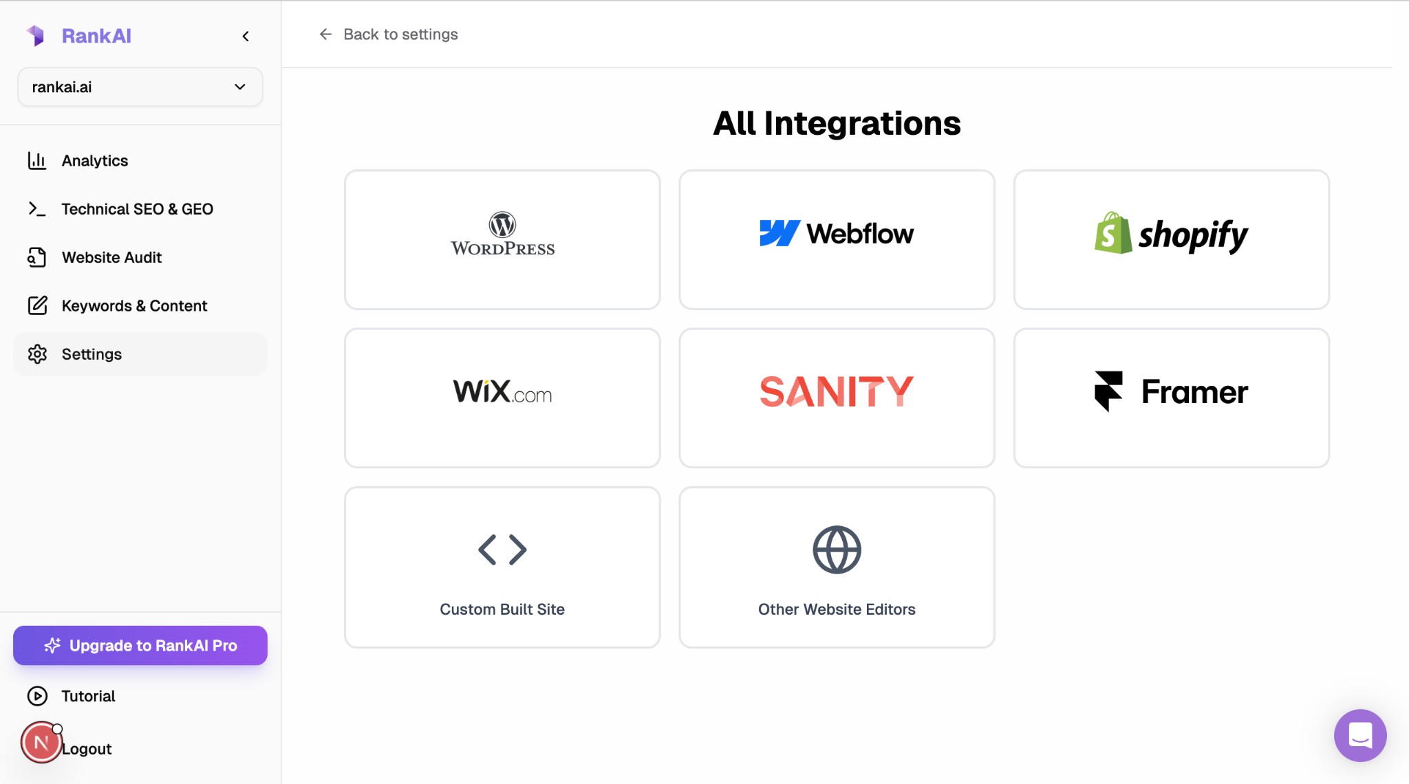 RankAI All Integrations screen with Webflow option