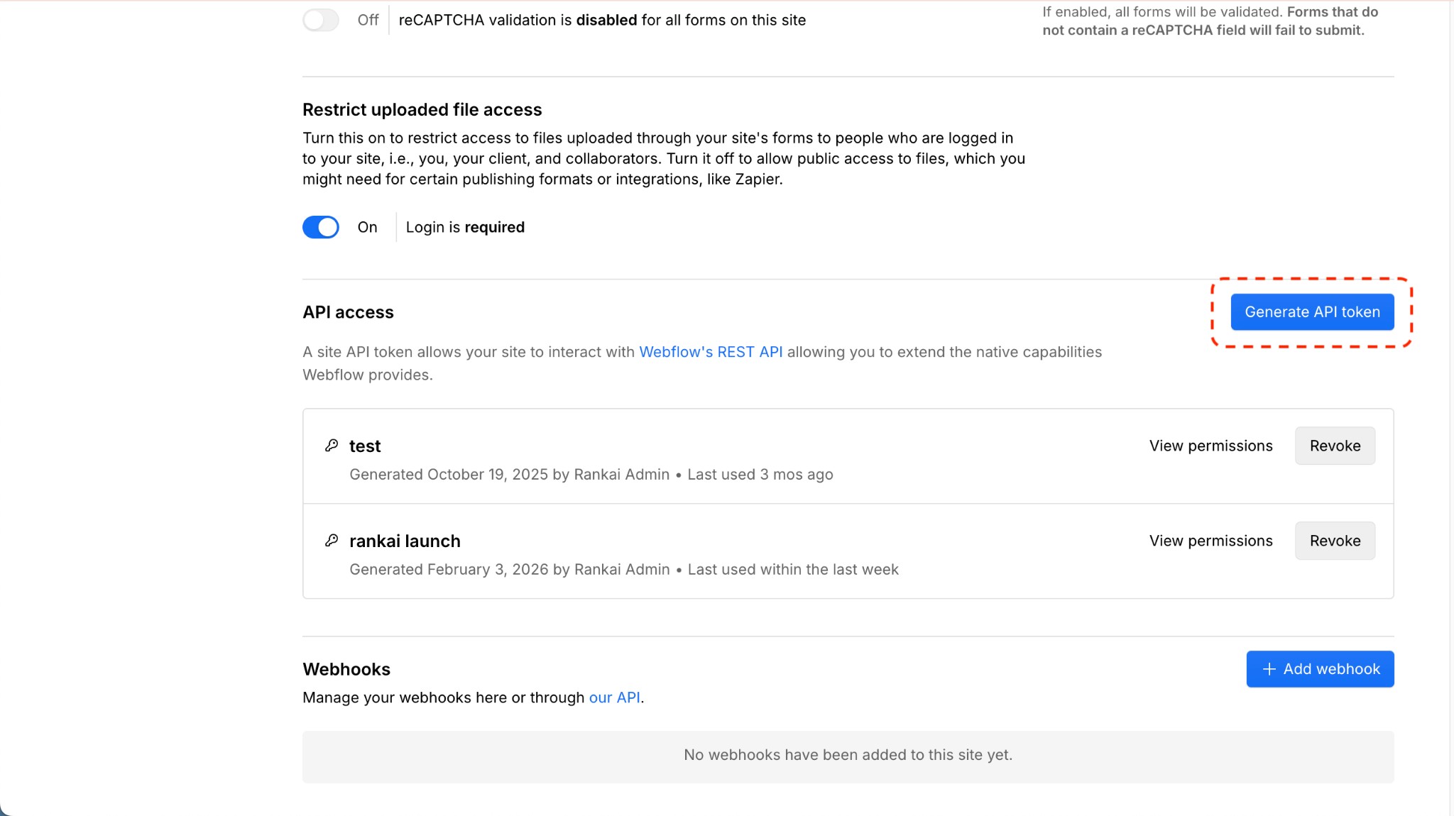 Webflow API access section with Generate API token button