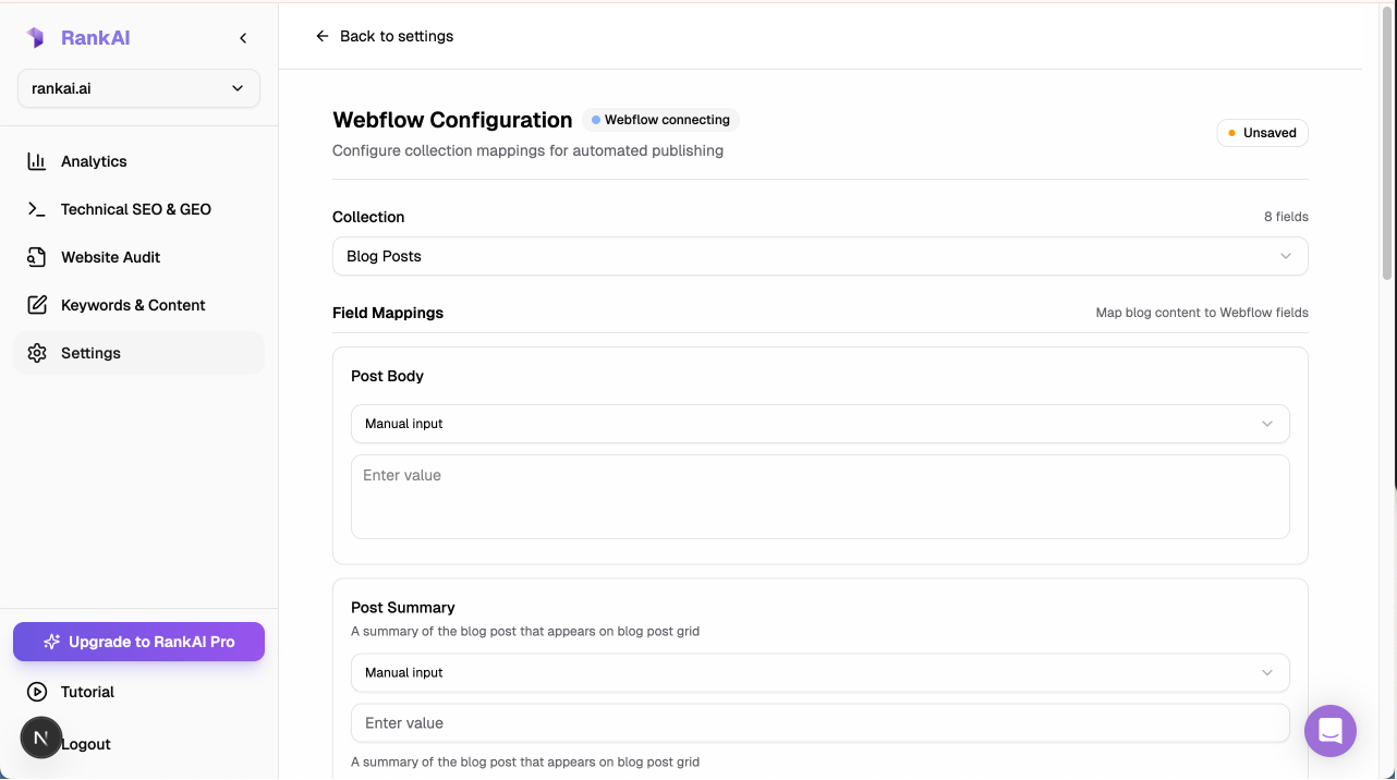 Webflow Configuration screen with Collection and Field Mappings