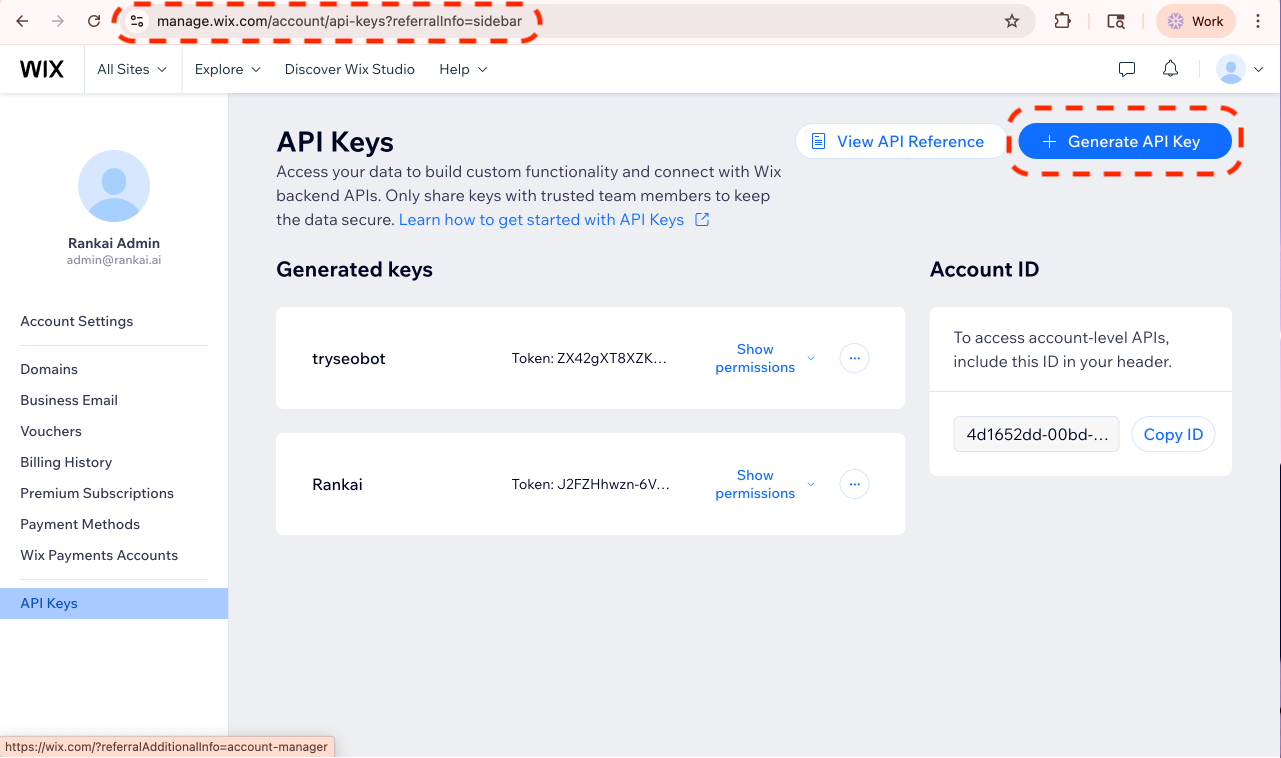 Wix API Keys page with Generate API Key button