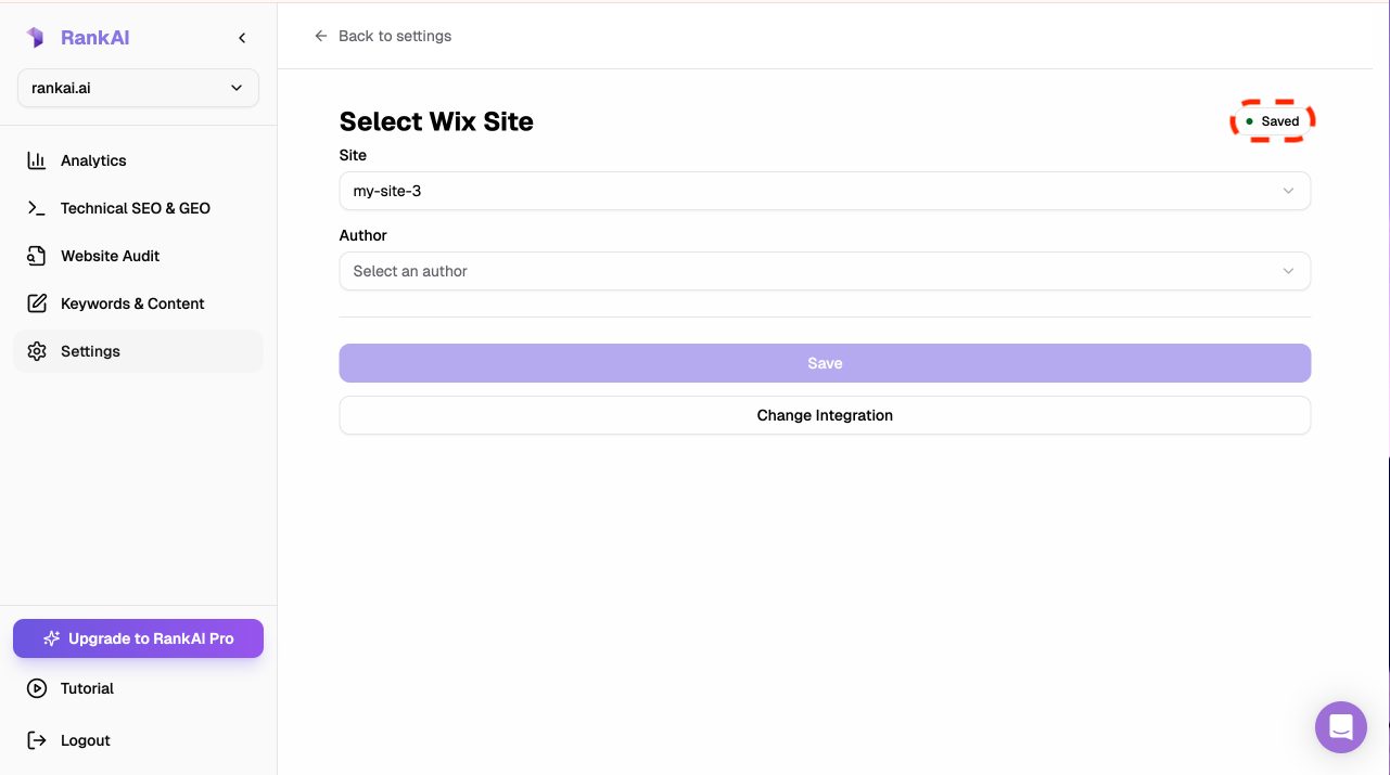 Select Wix Site screen with Saved status after saving