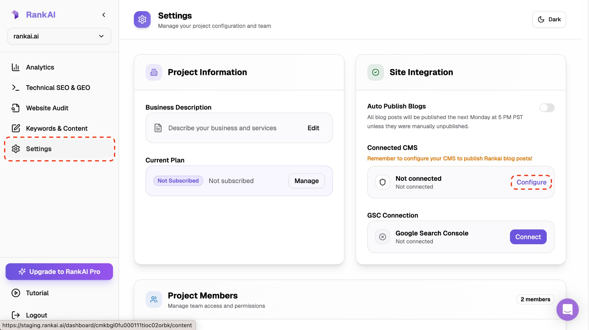 RankAI Settings page with Connected CMS and Configure button