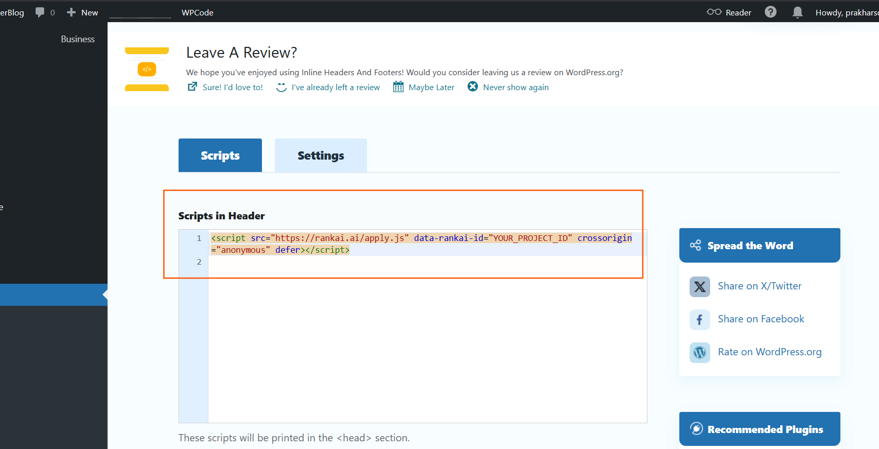 Header box with the RankAI script pasted inside; Footer box empty
