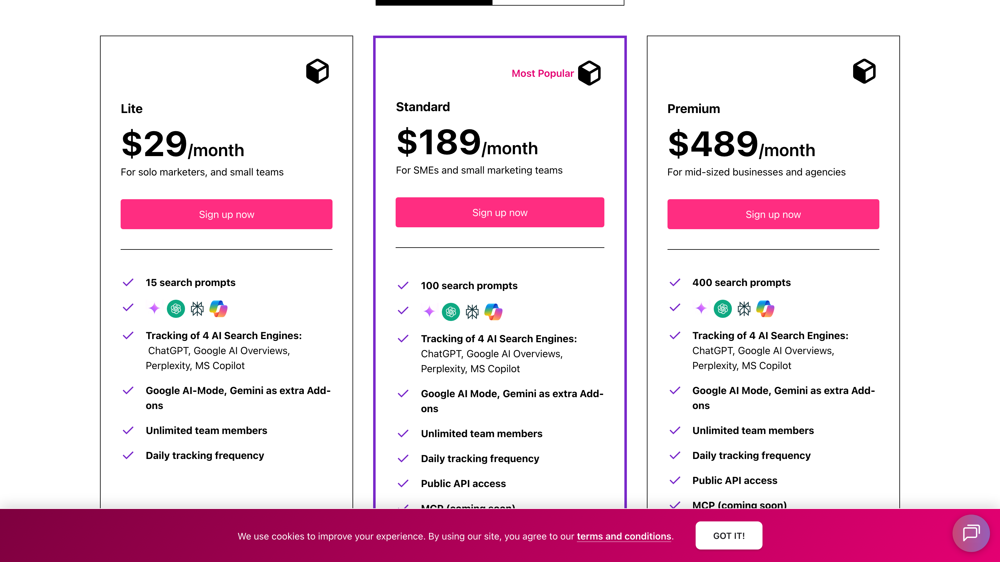 Screenshot of Otterly pricing page showing Lite $29/month, Standard $189/month (Most Popular), and Premium $489/month tier cards with engine coverage and prompt limits