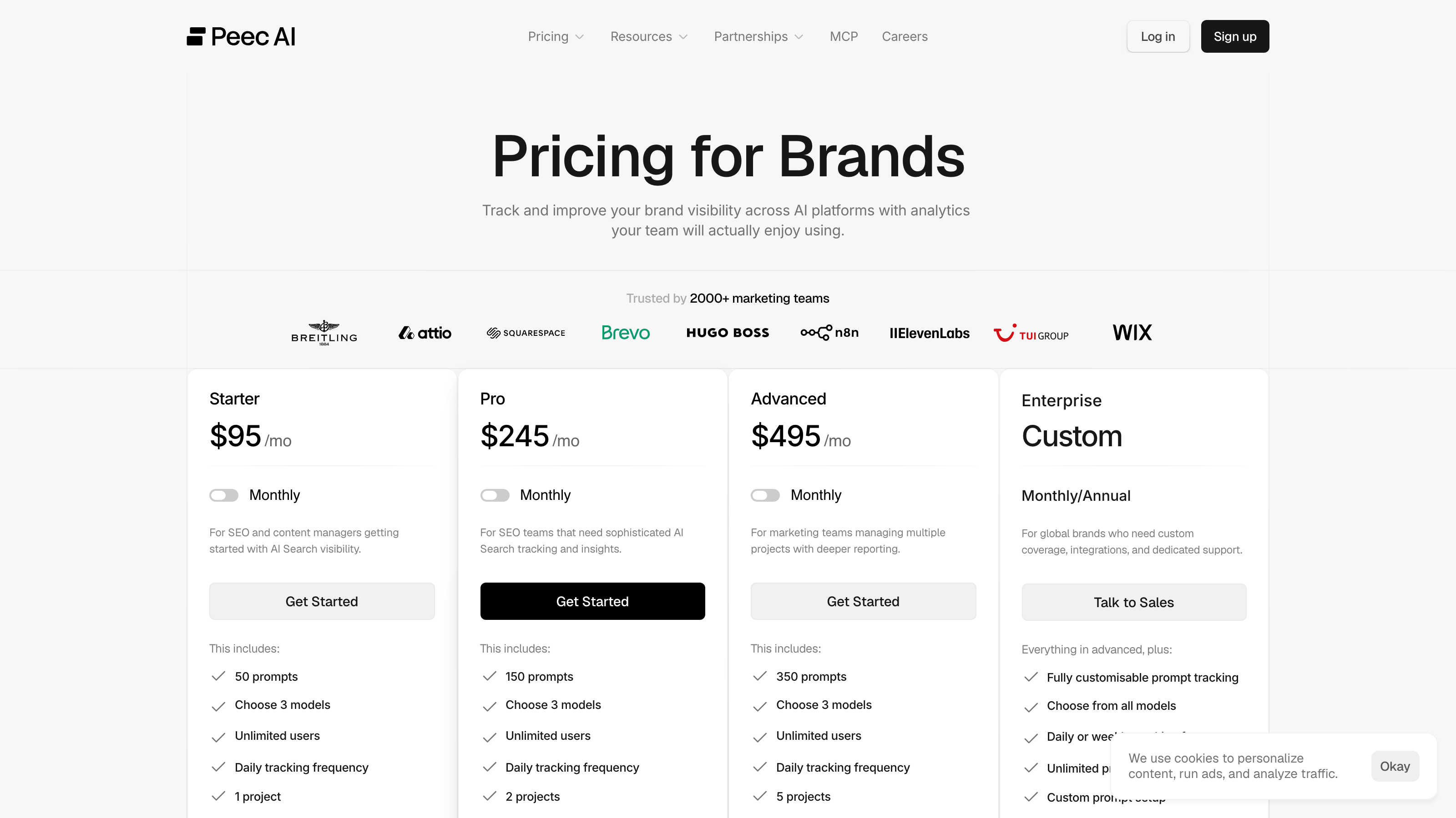 Screenshot of Peec AI pricing page showing Starter $95/mo, Pro $245/mo, Advanced $495/mo, and Enterprise tier cards with customer logos including Hugo Boss, ElevenLabs, TUI Group