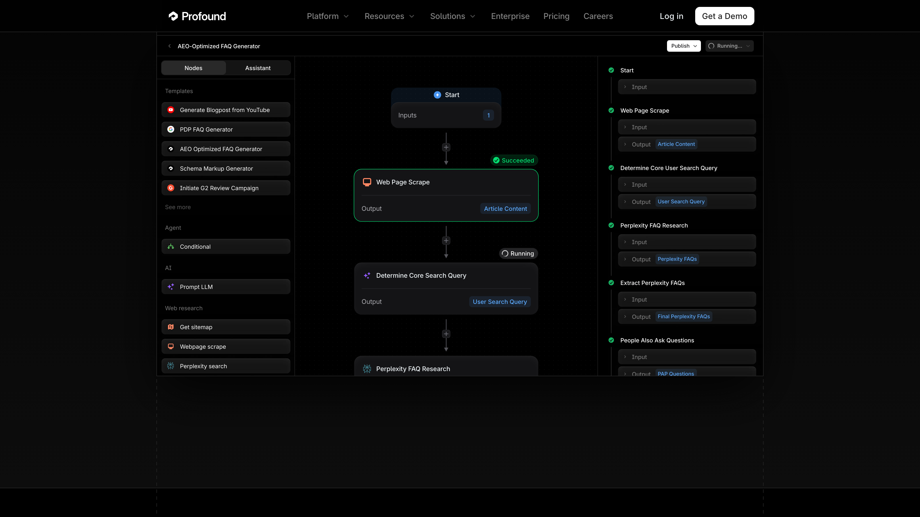 Screenshot of Profound product UI showing AEO Optimized FAQ Generator workflow with nodes for web page scrape, Perplexity FAQ research, and people-also-ask questions