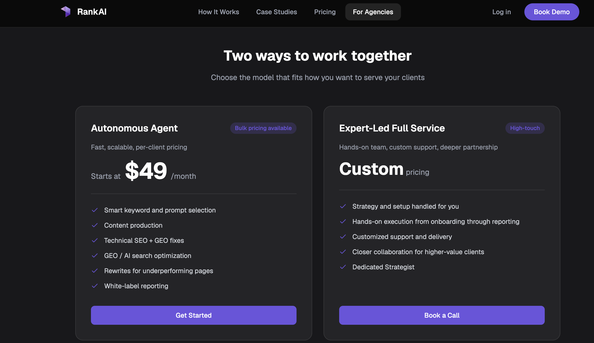 Screenshot of RankAI For Agencies page showing Autonomous Agent starting at $49/month and Expert-Led Full Service Custom pricing tier