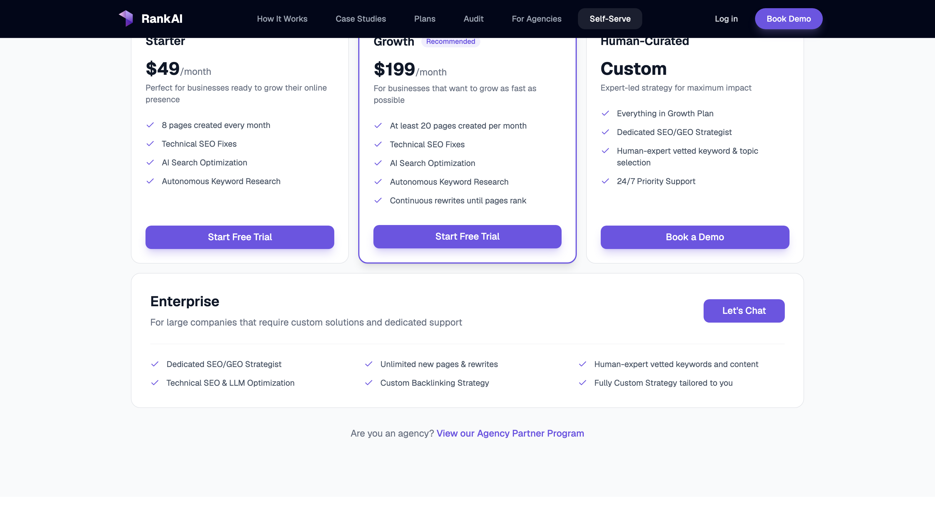 Screenshot of RankAI plans page showing Starter $49/month, Growth $199/month, Human-Curated Custom, and Enterprise tier cards