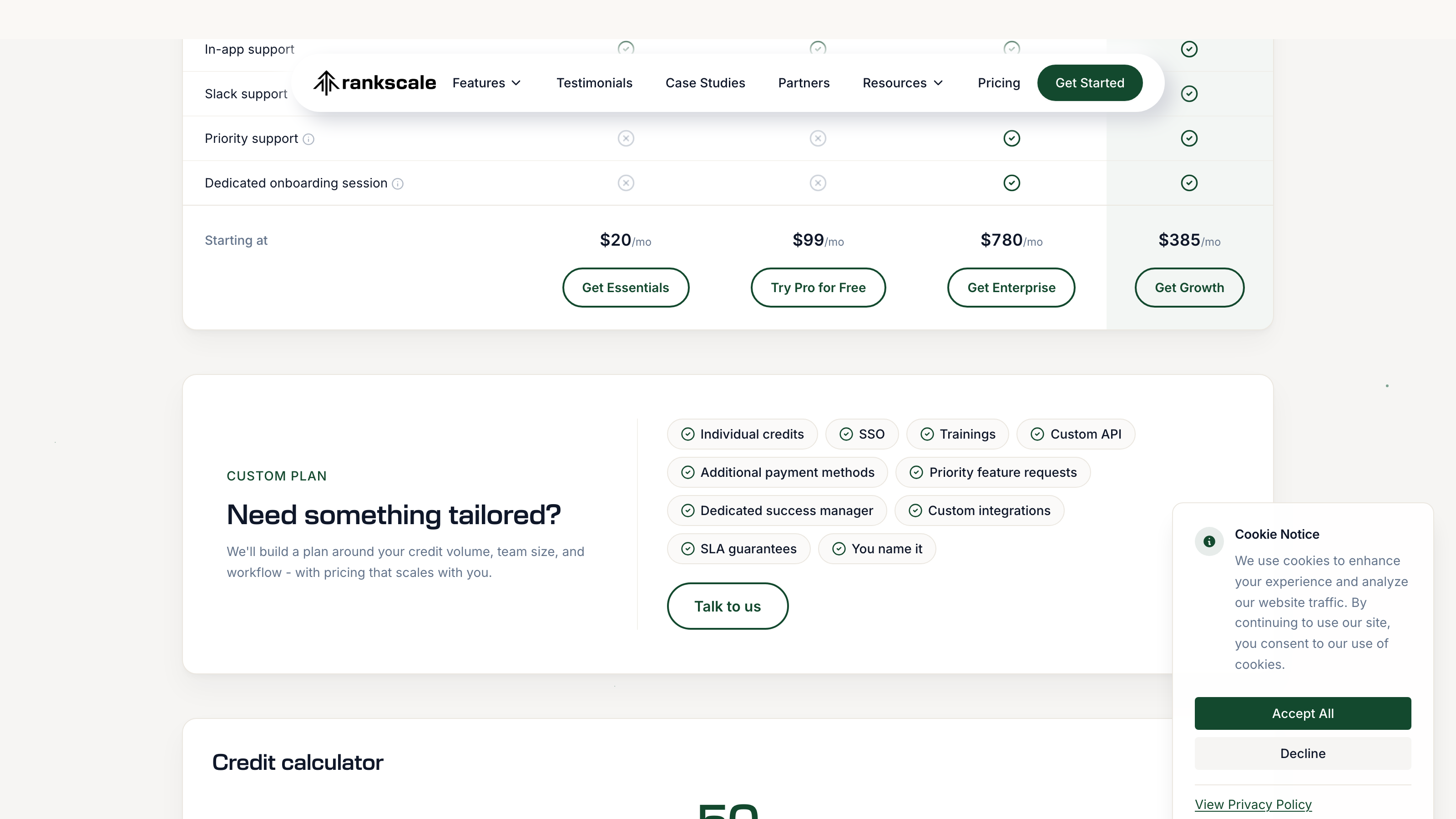 Screenshot of Rankscale pricing comparison showing Essentials at $20/mo, Pro at $99/mo, Enterprise at $780/mo, Growth at $385/mo