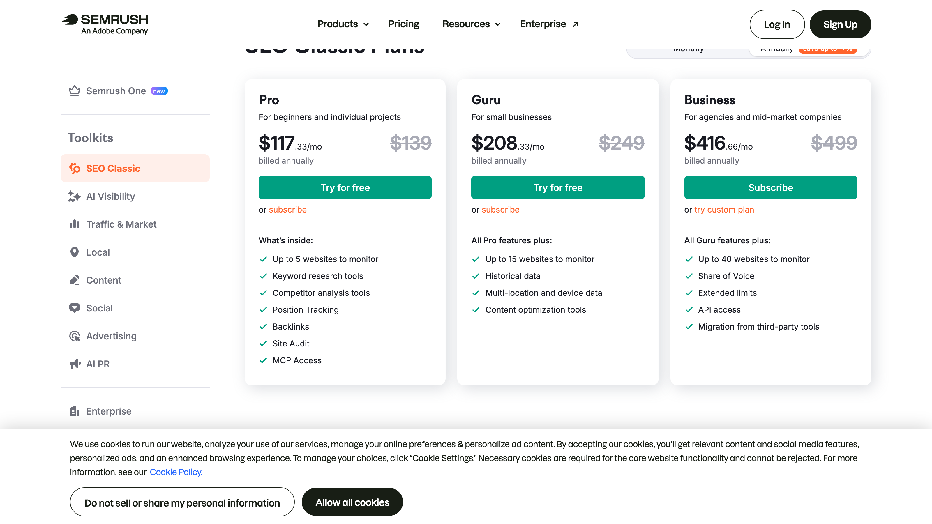 Screenshot of Semrush pricing page showing Pro $117.33/mo annual, Guru $208.33/mo annual (with AI Pro features plus), and Business $416.66/mo annual tier cards