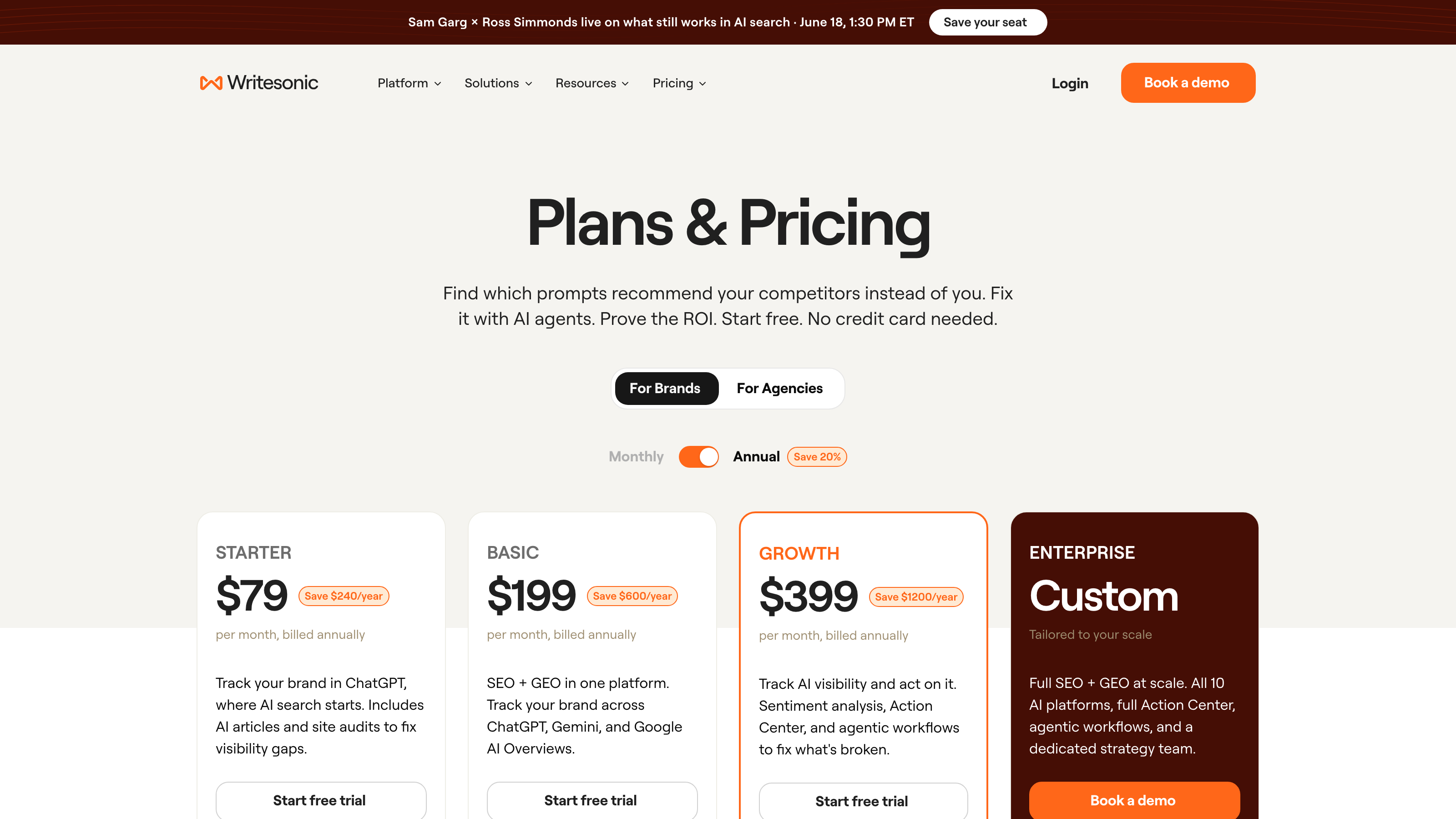 Screenshot of Writesonic Plans and Pricing page showing Starter $79, Basic $199, Growth $399 (highlighted), and Enterprise Custom tier cards with feature descriptions